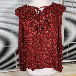 Sonoma $35 Large Burgundy Red Floral Ruffle Sleeve Boho Tie Neck Blouse NWOT